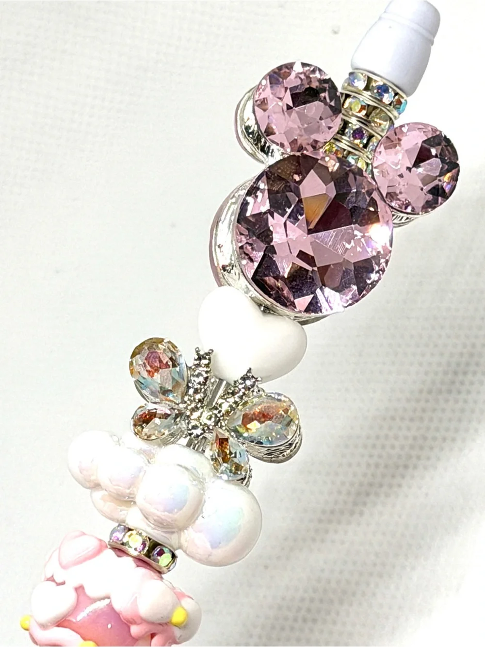 Decorative Pink Beaded Ballpoint Pen - White Barrel